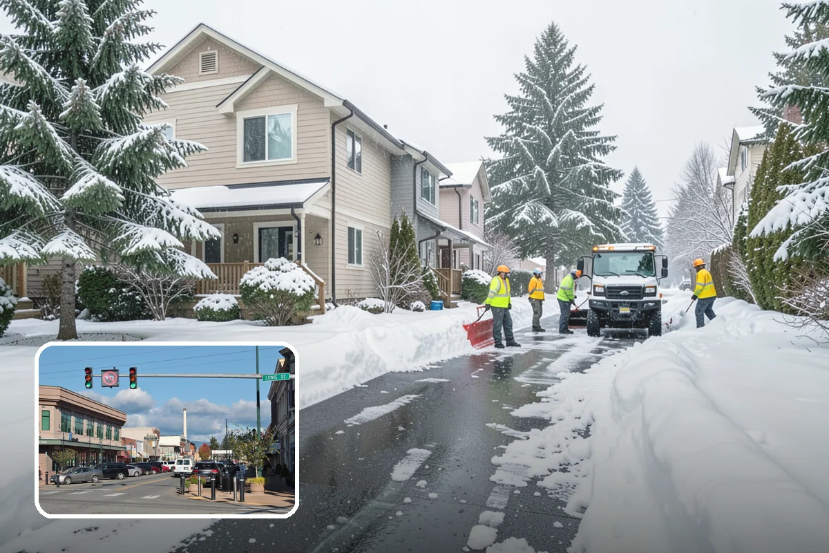 Auto Repair Shop Snow Removal in Monroe, Snohomish County, WA - Bay aprons and drive lanes cleared for vehicle access