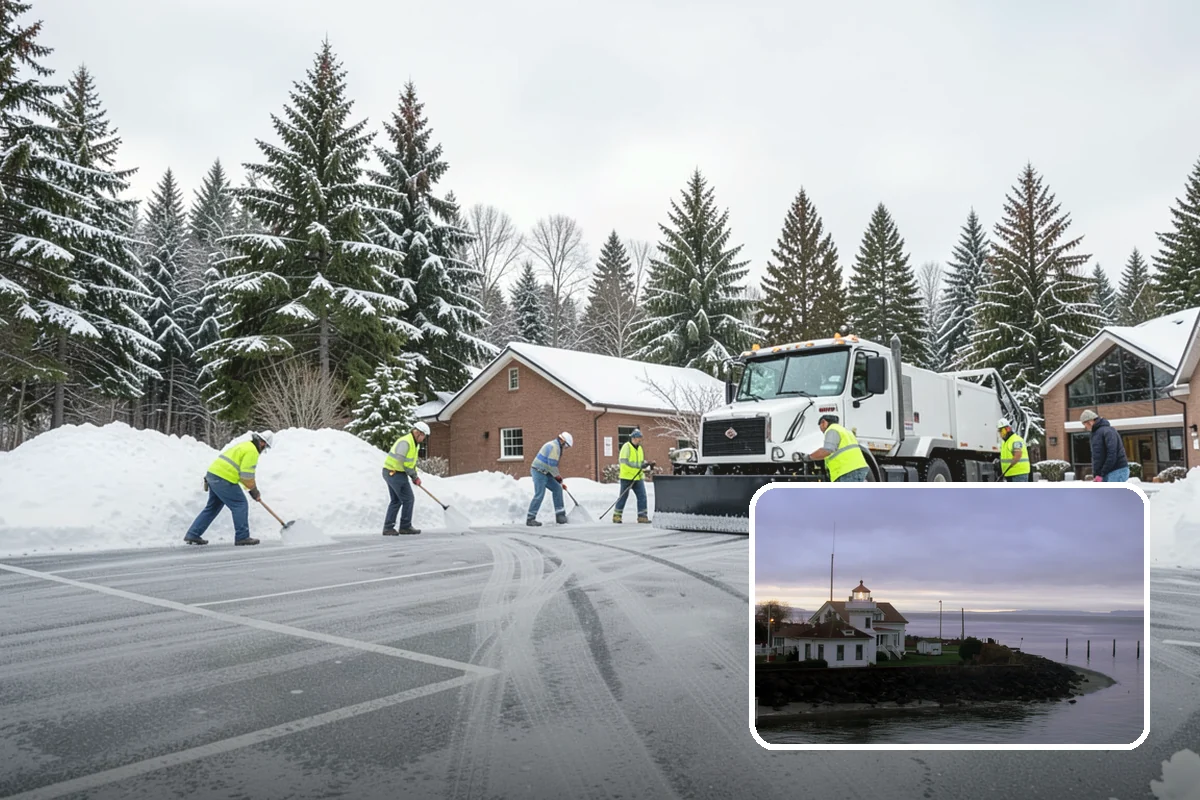 Auto Repair Shop Snow Removal in Mukilteo, Snohomish County, WA - Bay aprons and drive lanes cleared for vehicle access