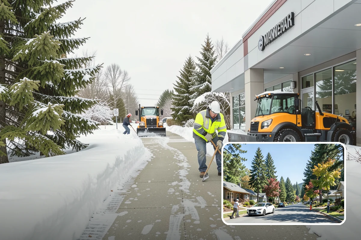 Auto Repair Shop Snow Removal in Orting, Pierce County, WA - Bay aprons and drive lanes cleared for vehicle access