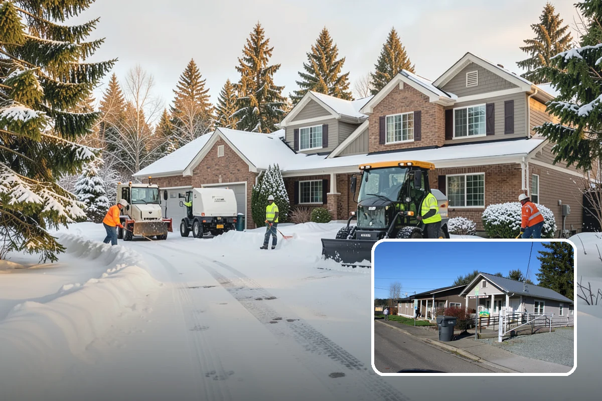 Auto Repair Shop Snow Removal in South Prairie, Pierce County, WA - Bay aprons and drive lanes cleared for vehicle access