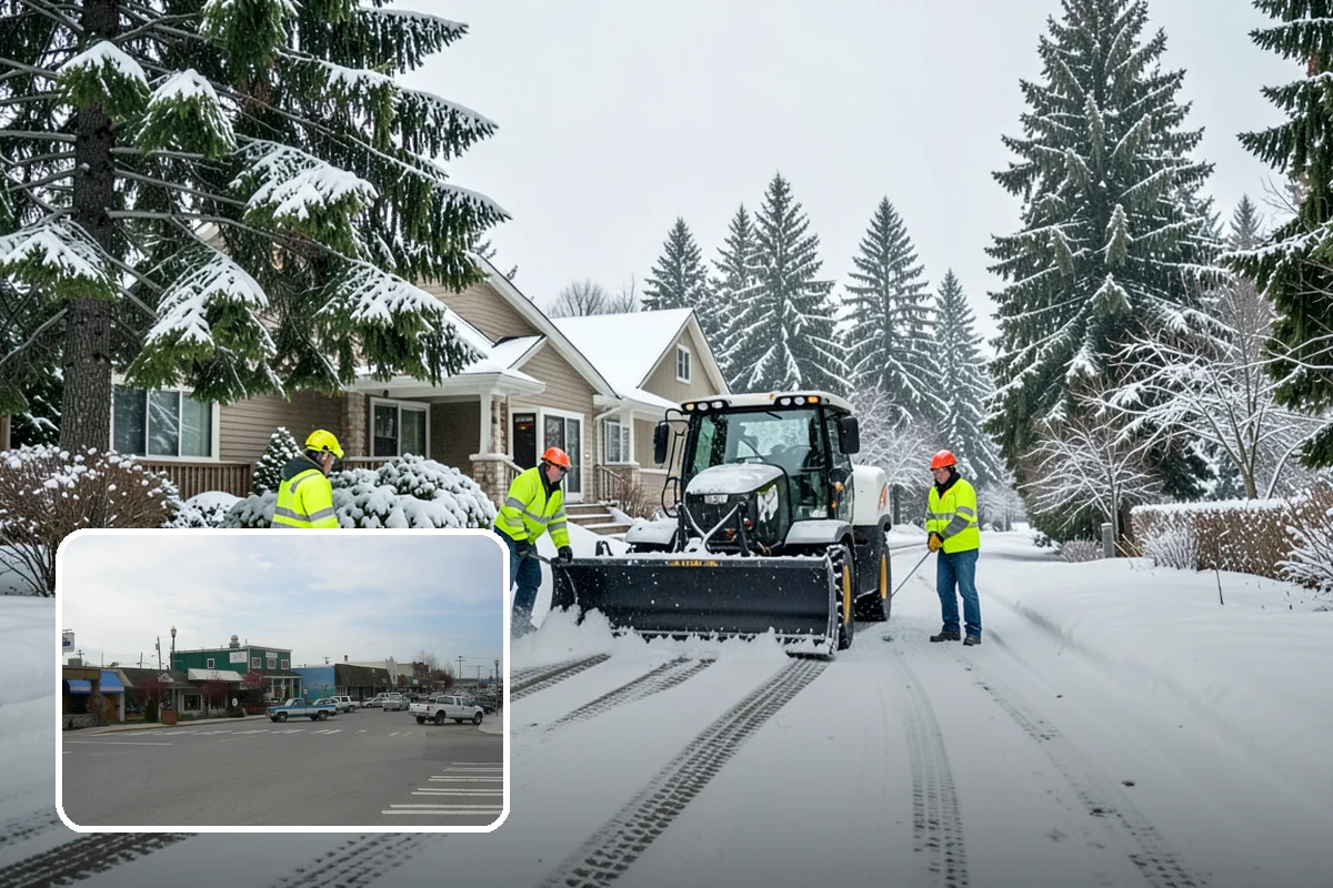 Auto Repair Shop Snow Removal in Stanwood, Snohomish County, WA - Bay aprons and drive lanes cleared for vehicle access