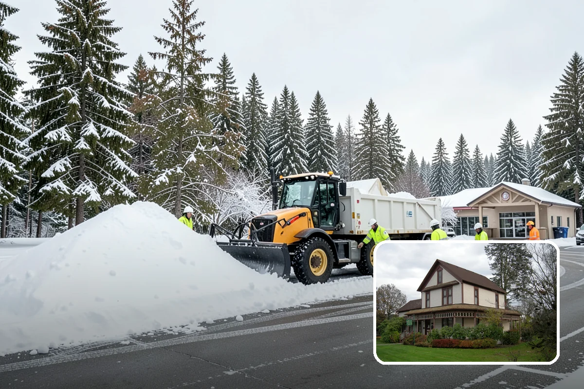 Auto Repair Shop Snow Removal in Sumner, Pierce County, WA - Bay aprons and drive lanes cleared for vehicle access