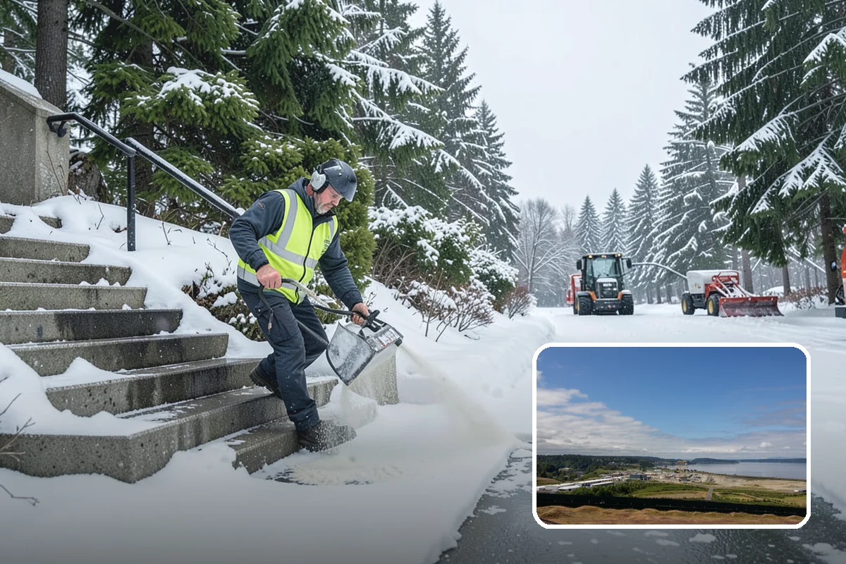 Auto Repair Shop Snow Removal in University Place, Pierce County, WA - Bay aprons and drive lanes cleared for vehicle access