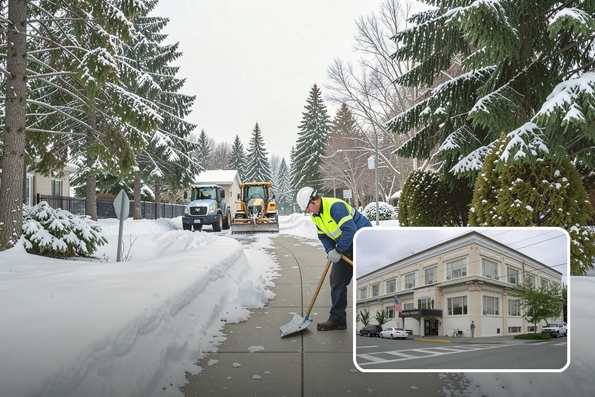 Backhoe Snow Removal in Anacortes, Skagit County, WA - Reach and force to move packed and piled snow