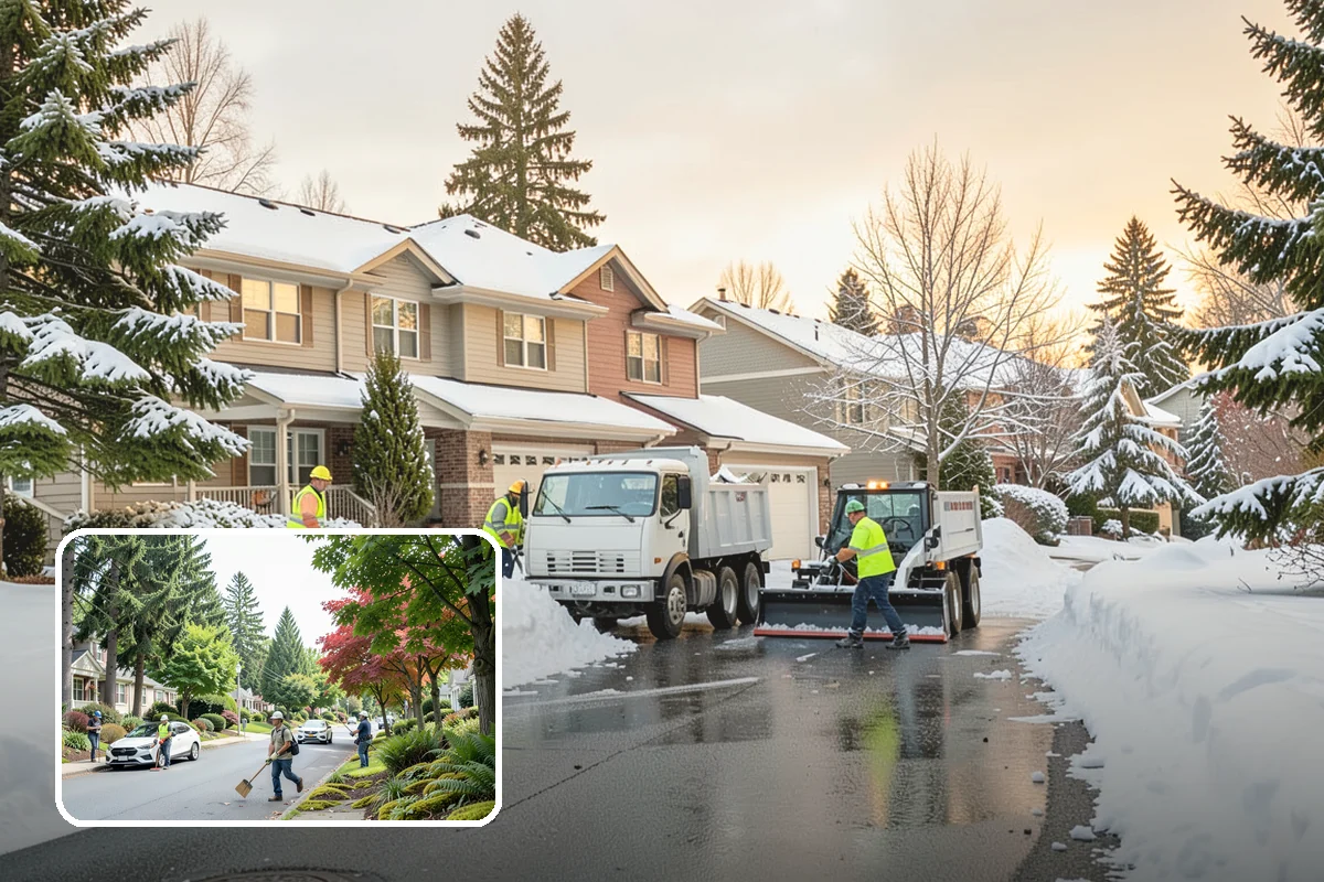 Backhoe Snow Removal in Beaux Arts Village, King County, WA - Reach and force to move packed and piled snow