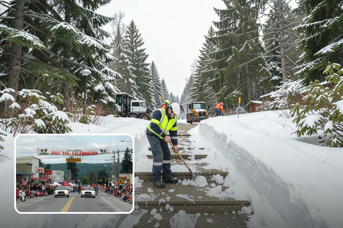 Backhoe Snow Removal in Carnation, King County, WA - Reach and force to move packed and piled snow