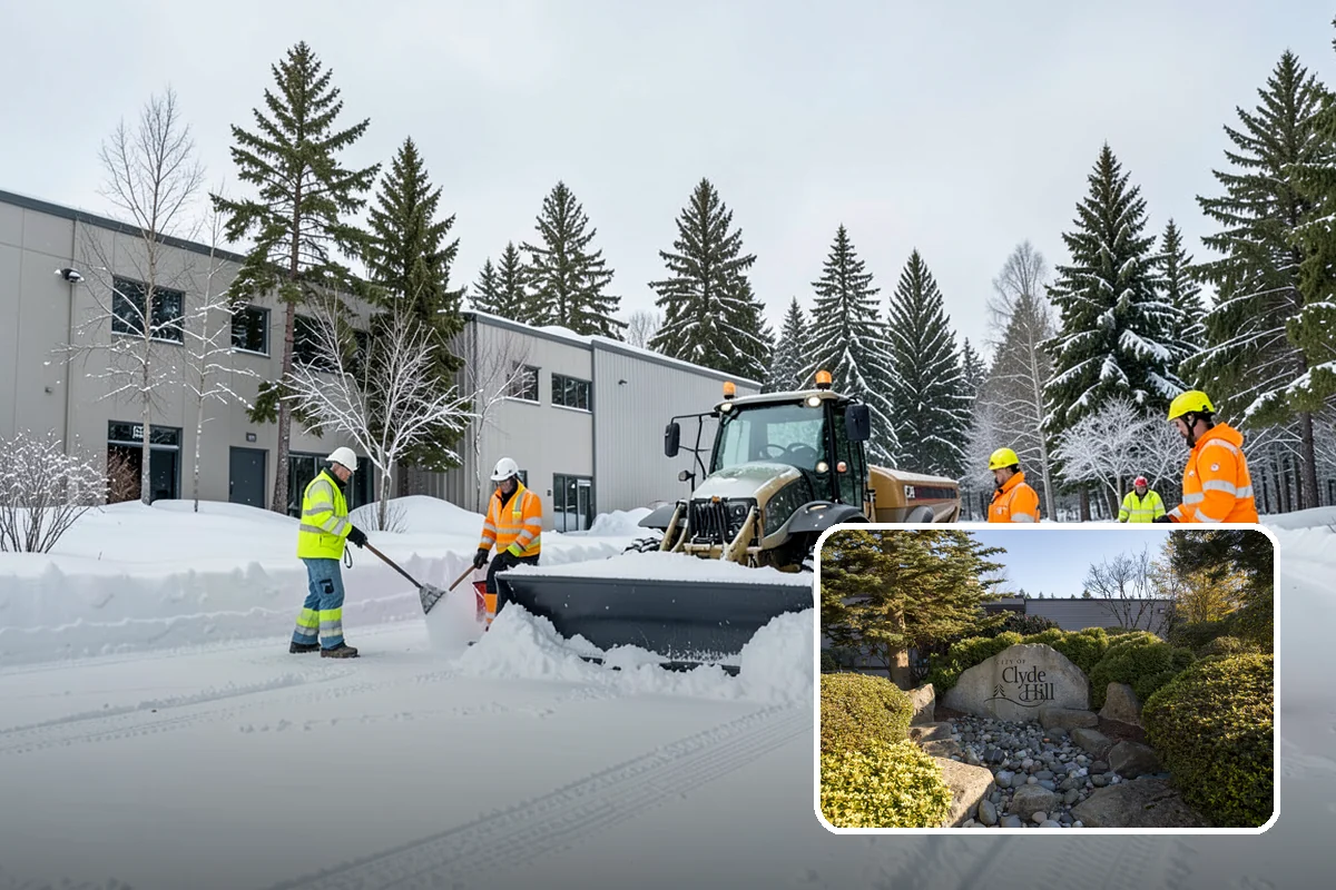 Backhoe Snow Removal in Clyde Hill, King County, WA - Reach and force to move packed and piled snow