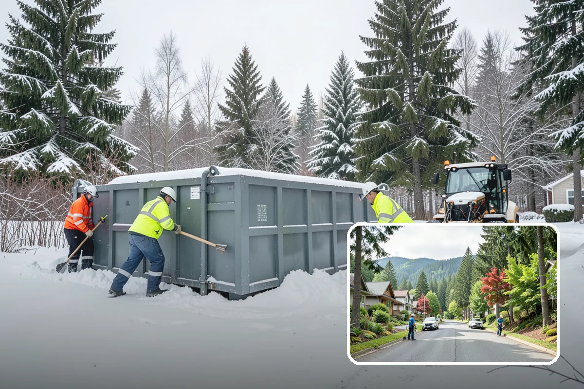 Backhoe Snow Removal in Darrington, Snohomish County, WA - Reach and force to move packed and piled snow