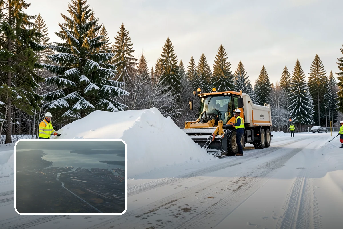 Backhoe Snow Removal in Fife, Pierce County, WA - Reach and force to move packed and piled snow