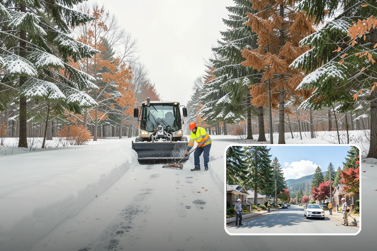 Backhoe Snow Removal in Hunts Point, King County, WA - Reach and force to move packed and piled snow