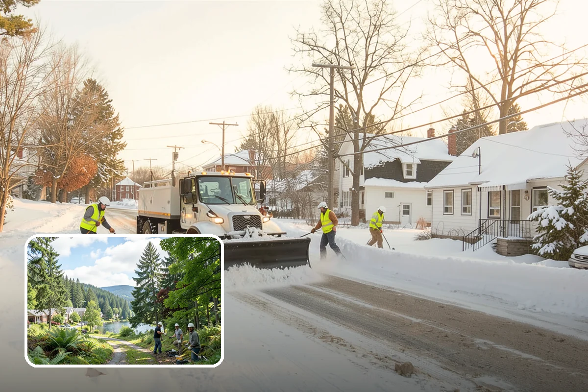 Backhoe Snow Removal in Lake Forest Park, King County, WA - Reach and force to move packed and piled snow