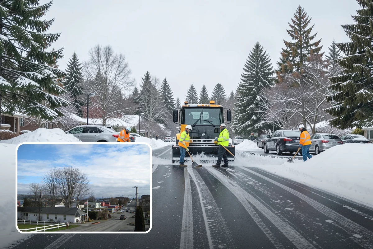 Backhoe Snow Removal in Langley, Island County, WA - Reach and force to move packed and piled snow