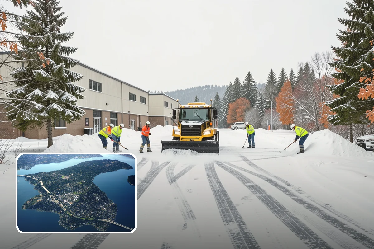 Backhoe Snow Removal in Mercer Island, King County, WA - Reach and force to move packed and piled snow