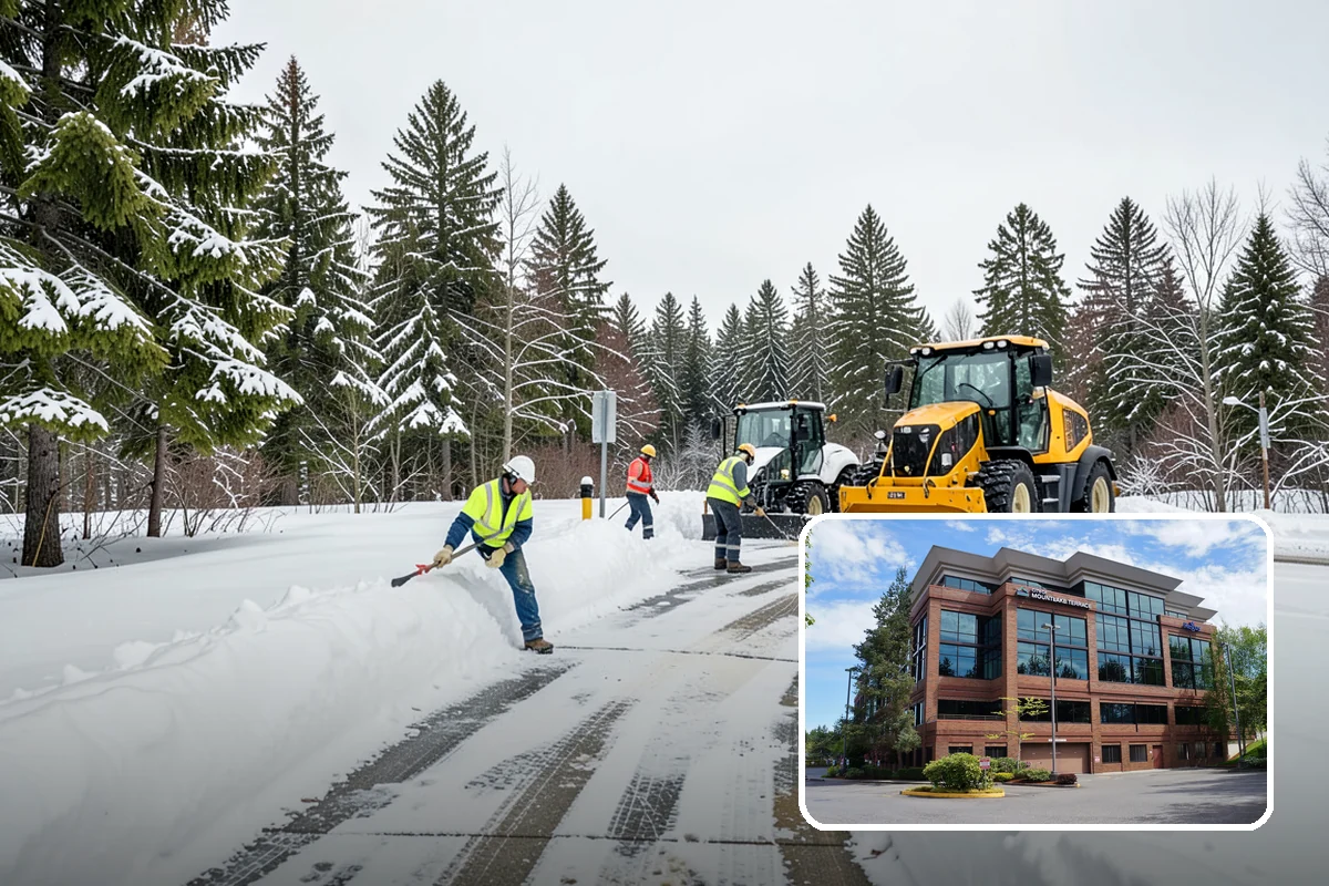 Backhoe Snow Removal in Mountlake Terrace, Snohomish County, WA - Reach and force to move packed and piled snow