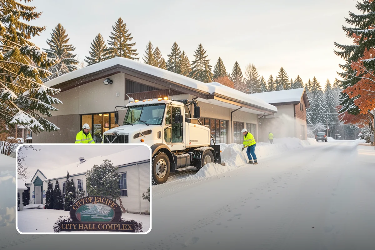 Backhoe Snow Removal in Pacific, King County, WA - Reach and force to move packed and piled snow