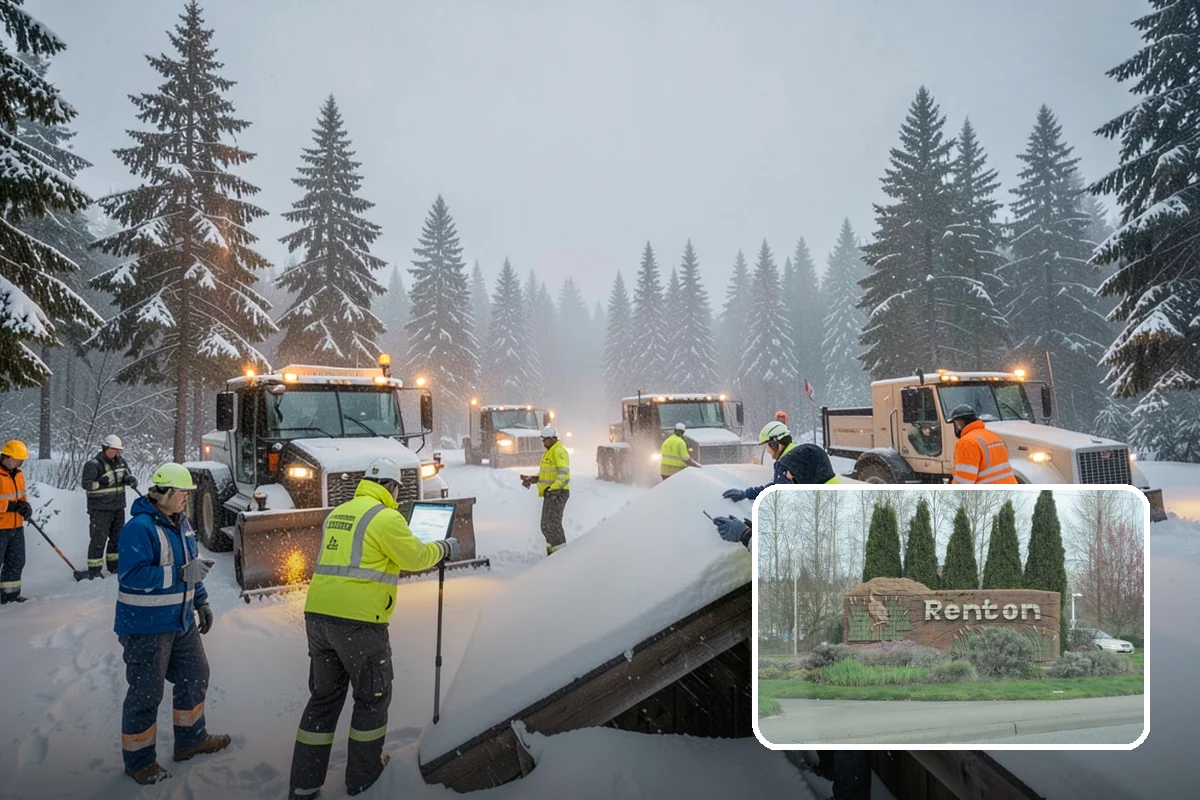 Backhoe Snow Removal in Renton, King County, WA - Reach and force to move packed and piled snow