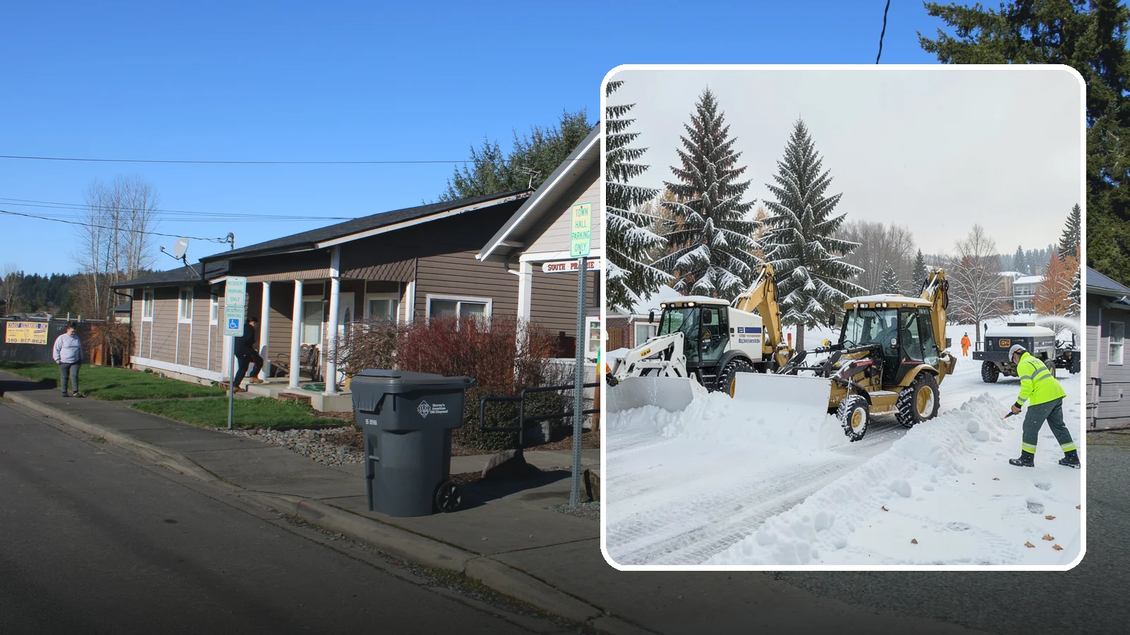 Backhoe Snow Removal in South Prairie, Pierce County, WA - Our backhoes tackle deep, packed, and piled snow that lighter equipment cannot move.