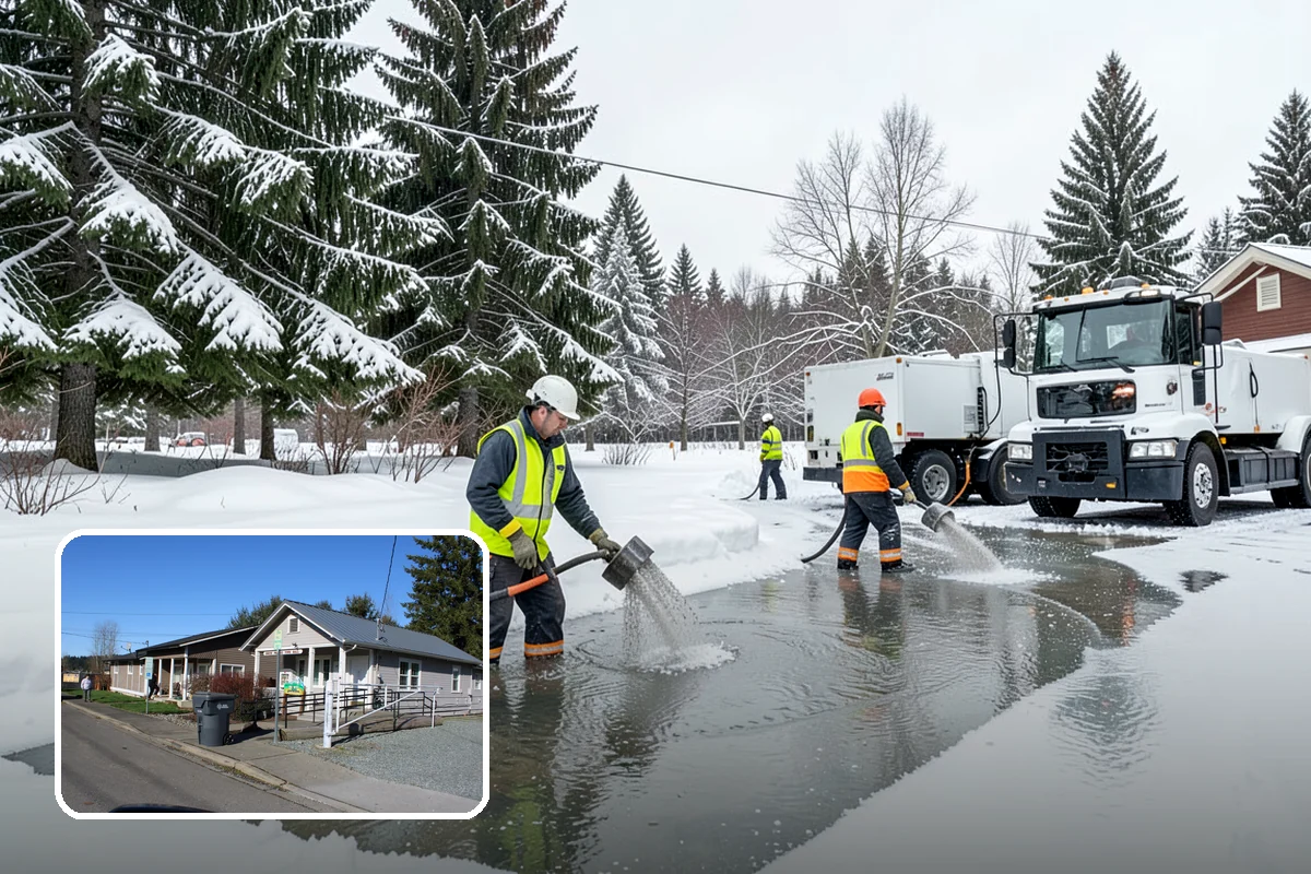 Backhoe Snow Removal in South Prairie, Pierce County, WA - Reach and force to move packed and piled snow