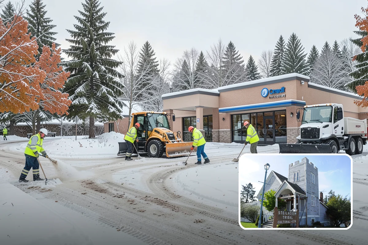 Backhoe Snow Removal in Steilacoom, Pierce County, WA - Reach and force to move packed and piled snow