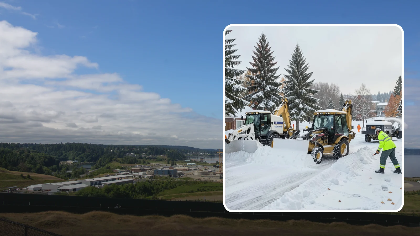 Backhoe Snow Removal in University Place, Pierce County, WA - Our backhoes tackle deep, packed, and piled snow that lighter equipment cannot move.