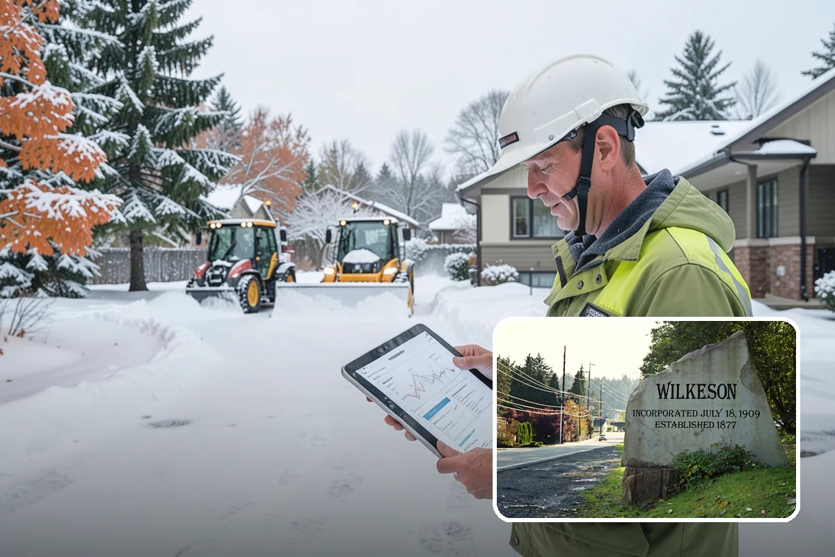 Backhoe Snow Removal in Wilkeson, Pierce County, WA - Reach and force to move packed and piled snow