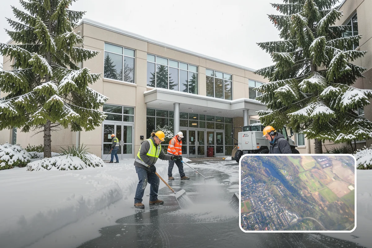 Bank Branch Snow Removal in Algona, King County, WA - Drive-through lanes cleared before opening