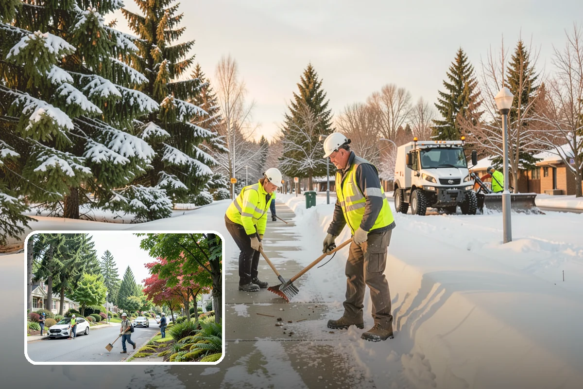 Bank Branch Snow Removal in Beaux Arts Village, King County, WA - Drive-through lanes cleared before opening