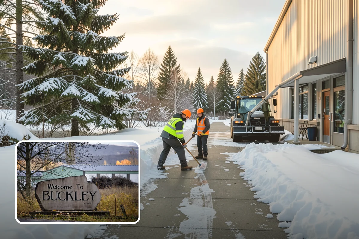 Bank Branch Snow Removal in Buckley, Pierce County, WA - Drive-through lanes cleared before opening