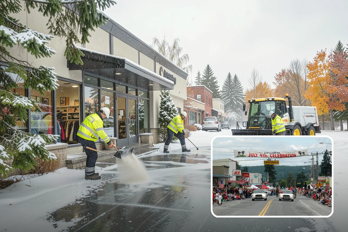 Bank Branch Snow Removal in Carnation, King County, WA - Drive-through lanes cleared before opening