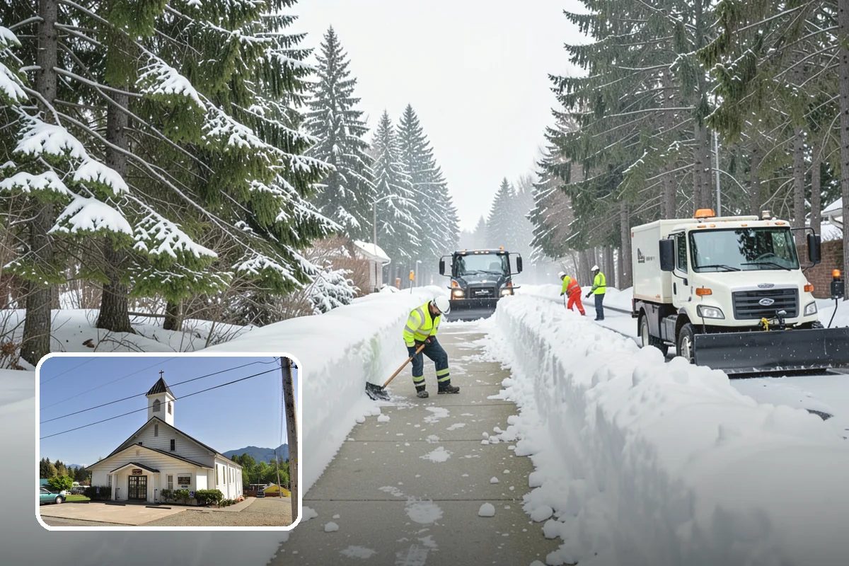 Bank Branch Snow Removal in Concrete, Skagit County, WA - Drive-through lanes cleared before opening