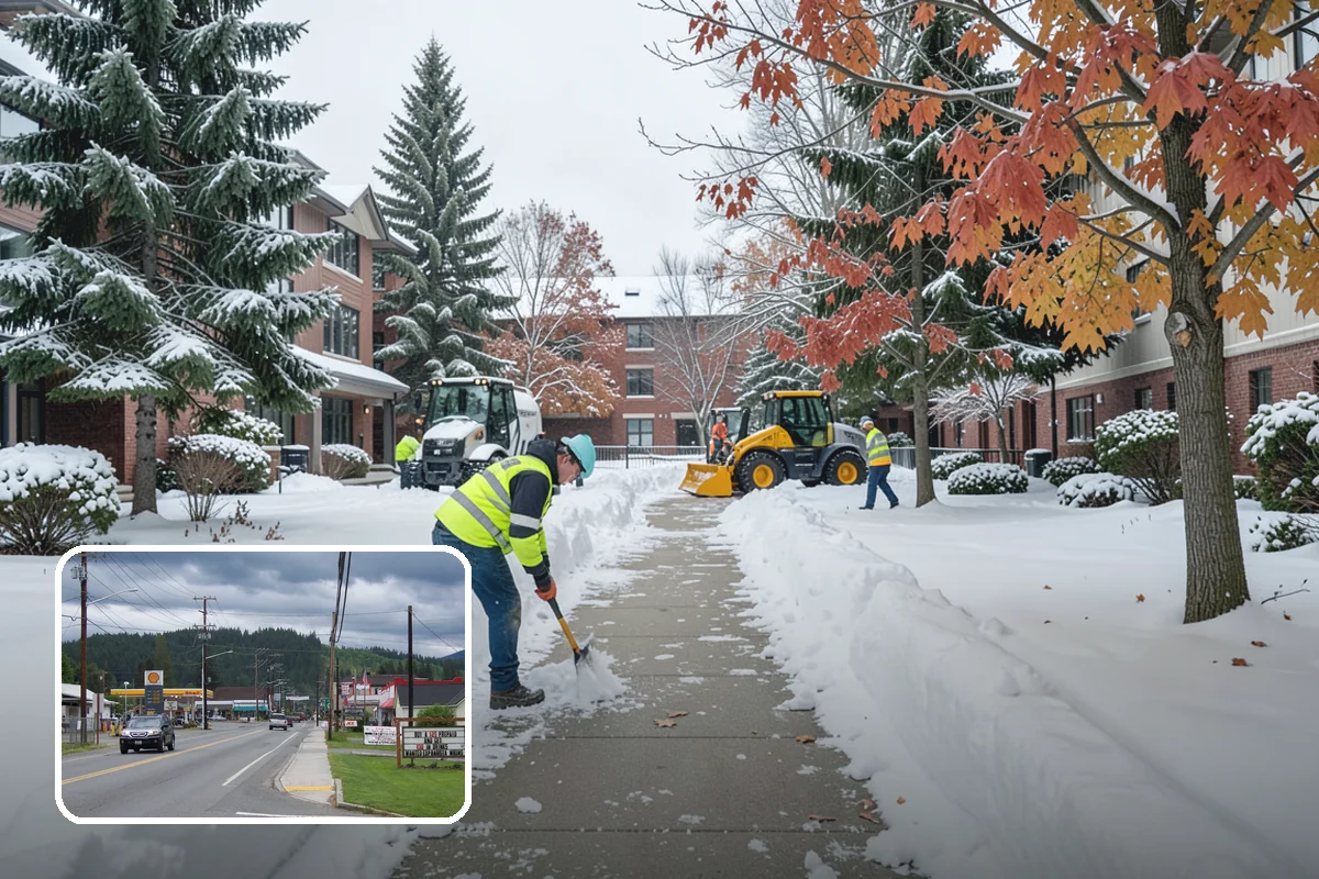 Bank Branch Snow Removal in Granite Falls, Snohomish County, WA - Drive-through lanes cleared before opening