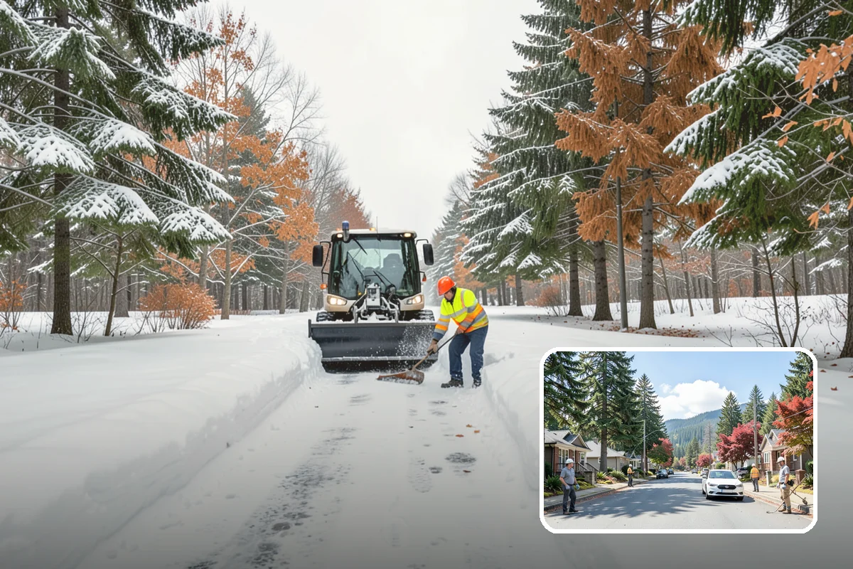 Bank Branch Snow Removal in Hunts Point, King County, WA - Drive-through lanes cleared before opening