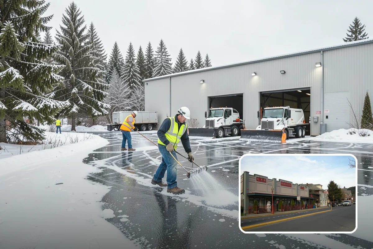 Bank Branch Snow Removal in Issaquah, King County, WA - Drive-through lanes cleared before opening