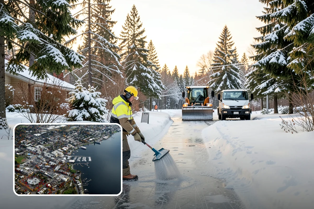 Bank Branch Snow Removal in Kirkland, King County, WA - Drive-through lanes cleared before opening