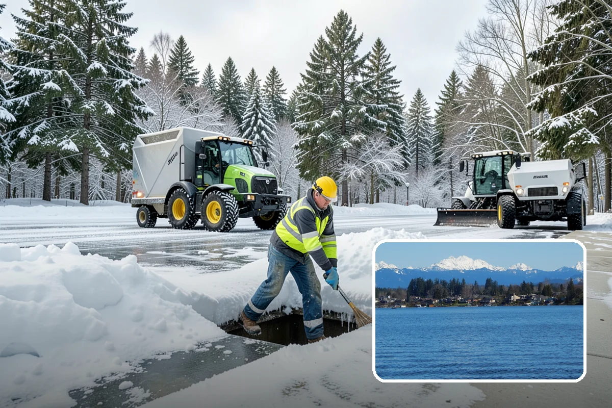 Bank Branch Snow Removal in Lake Stevens, Snohomish County, WA - Drive-through lanes cleared before opening