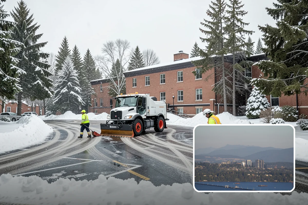 Bank Branch Snow Removal in Medina, King County, WA - Drive-through lanes cleared before opening