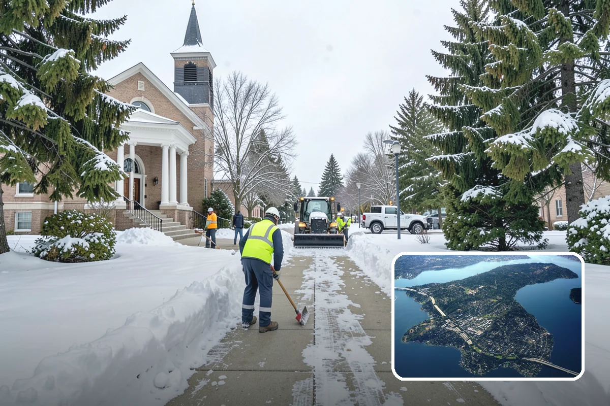 Bank Branch Snow Removal in Mercer Island, King County, WA - Drive-through lanes cleared before opening