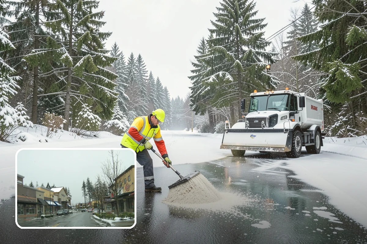Bank Branch Snow Removal in Mill Creek, Snohomish County, WA - Drive-through lanes cleared before opening