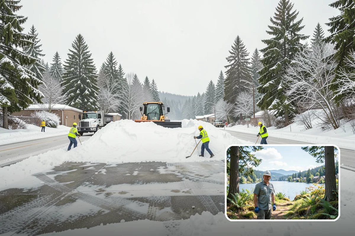 Bank Branch Snow Removal in Milton, King County, WA - Drive-through lanes cleared before opening