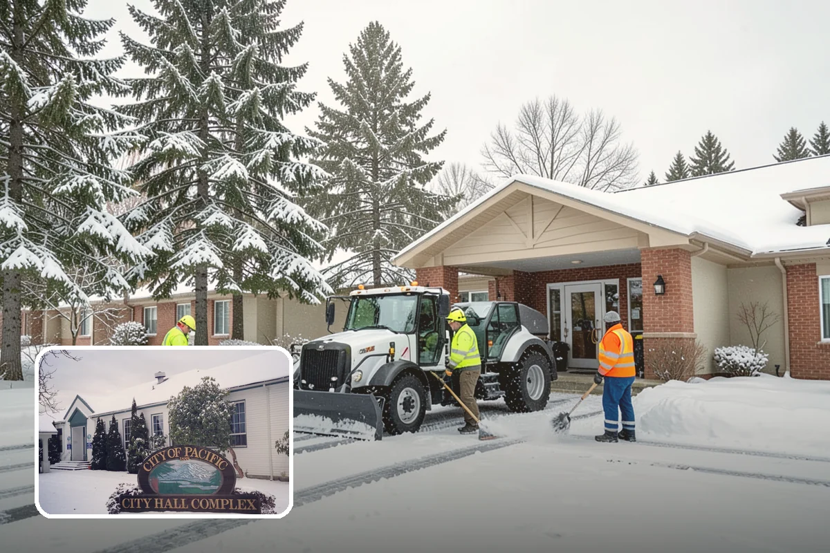 Bank Branch Snow Removal in Pacific, King County, WA - Drive-through lanes cleared before opening