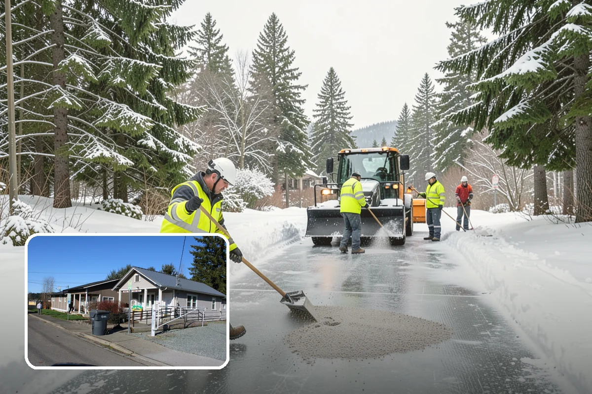 Bank Branch Snow Removal in South Prairie, Pierce County, WA - Drive-through lanes cleared before opening