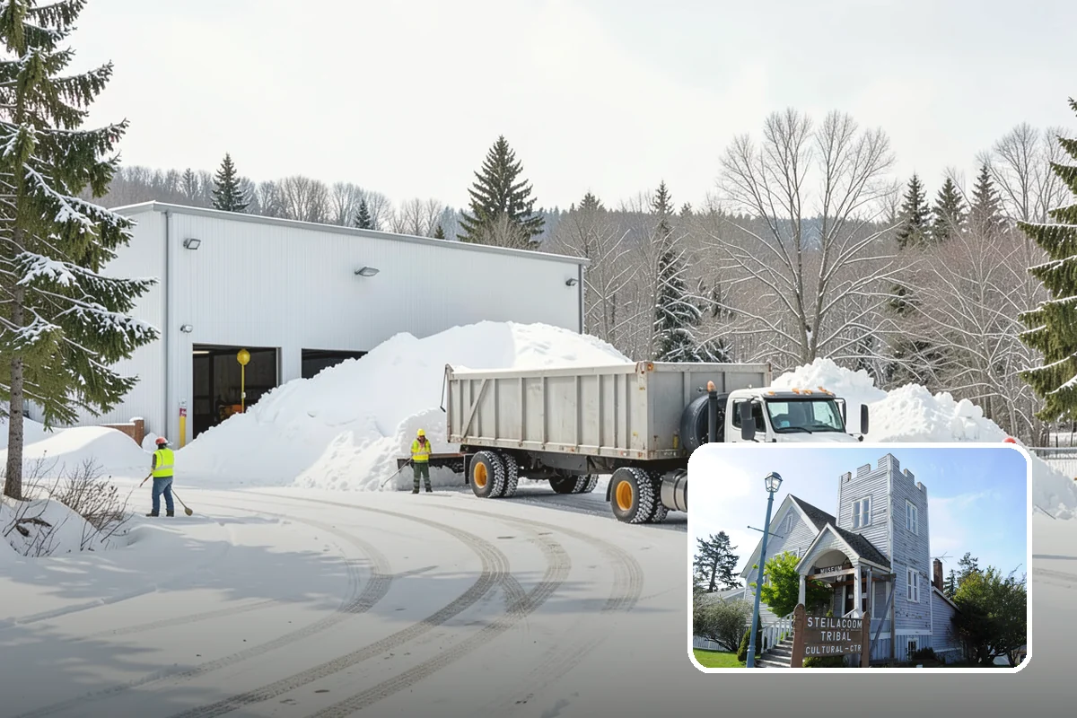 Bank Branch Snow Removal in Steilacoom, Pierce County, WA - Drive-through lanes cleared before opening