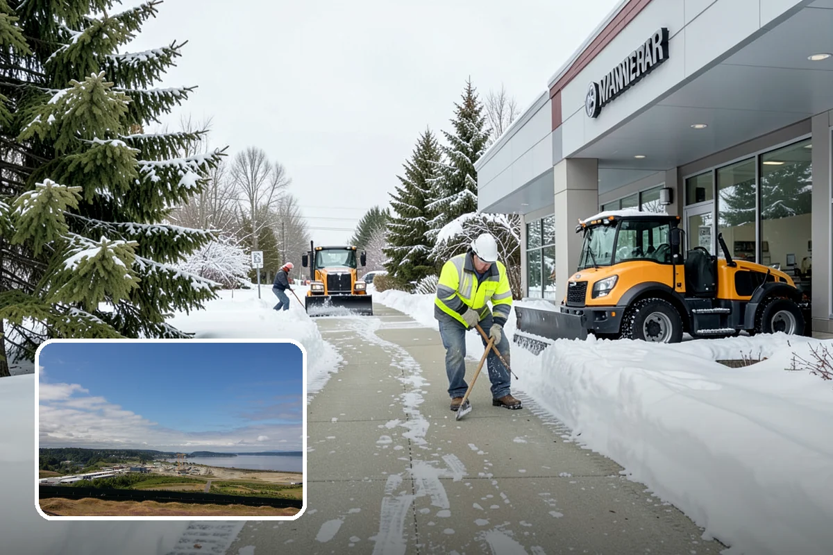 Bank Branch Snow Removal in University Place, Pierce County, WA - Drive-through lanes cleared before opening