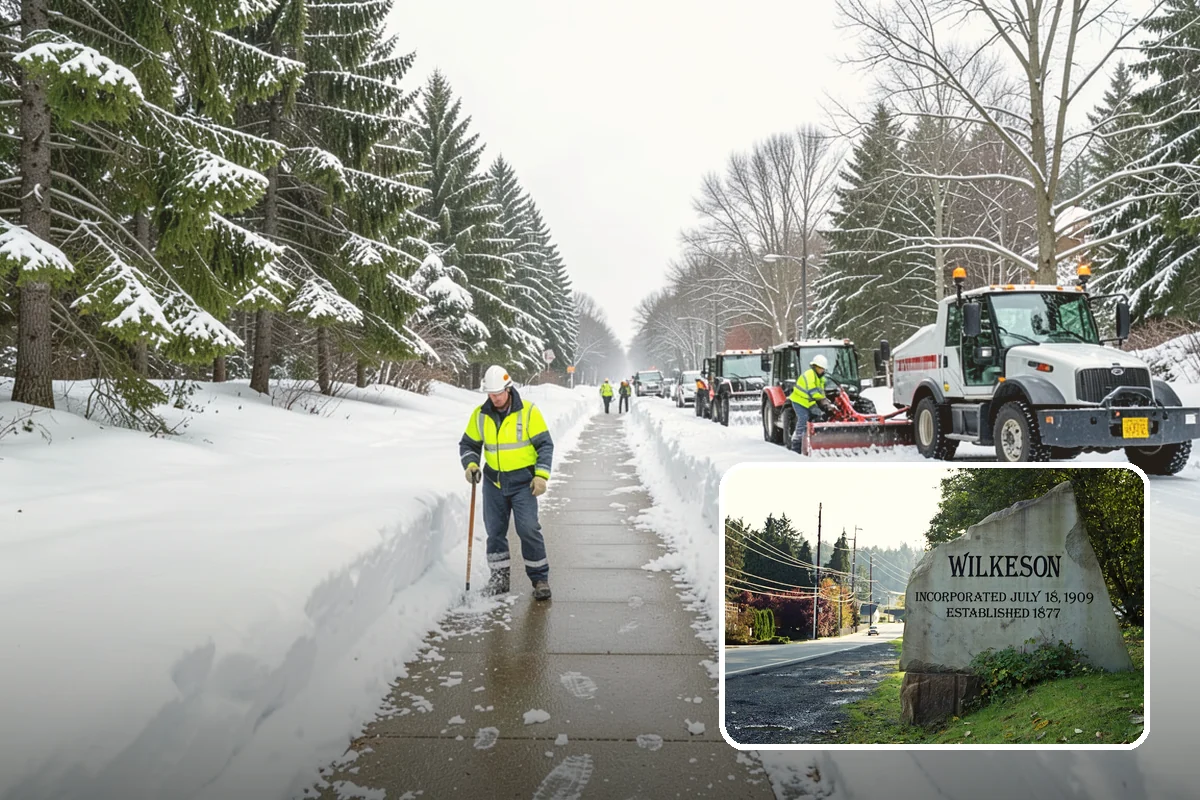 Bank Branch Snow Removal in Wilkeson, Pierce County, WA - Drive-through lanes cleared before opening