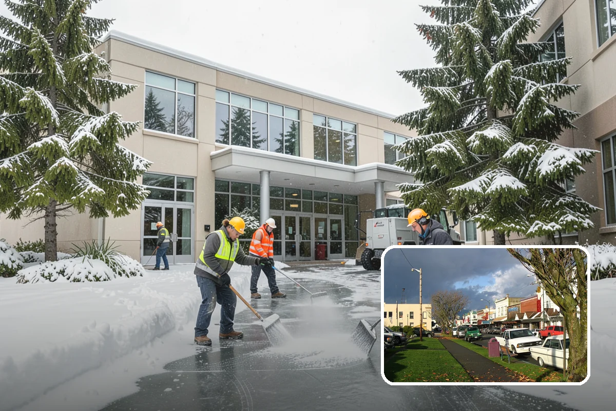 Bank Parking Lot Snow Removal in Arlington, Snohomish County, WA - Customer parking and drive-through lanes stay open all day