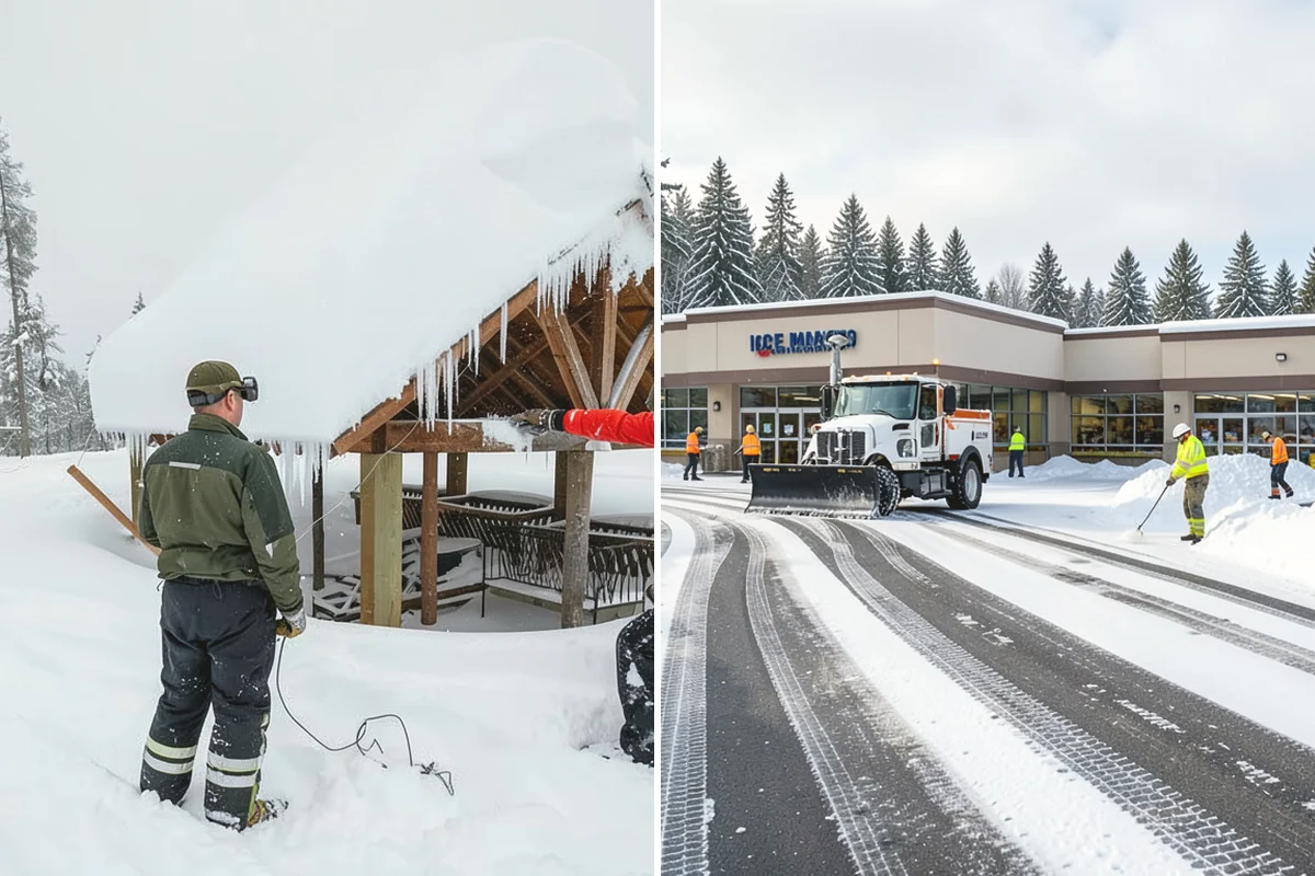 Bank Parking Lot Snow Removal in Covington, King County, WA - Map parking, drive-through lanes, and the ATM approach with staff