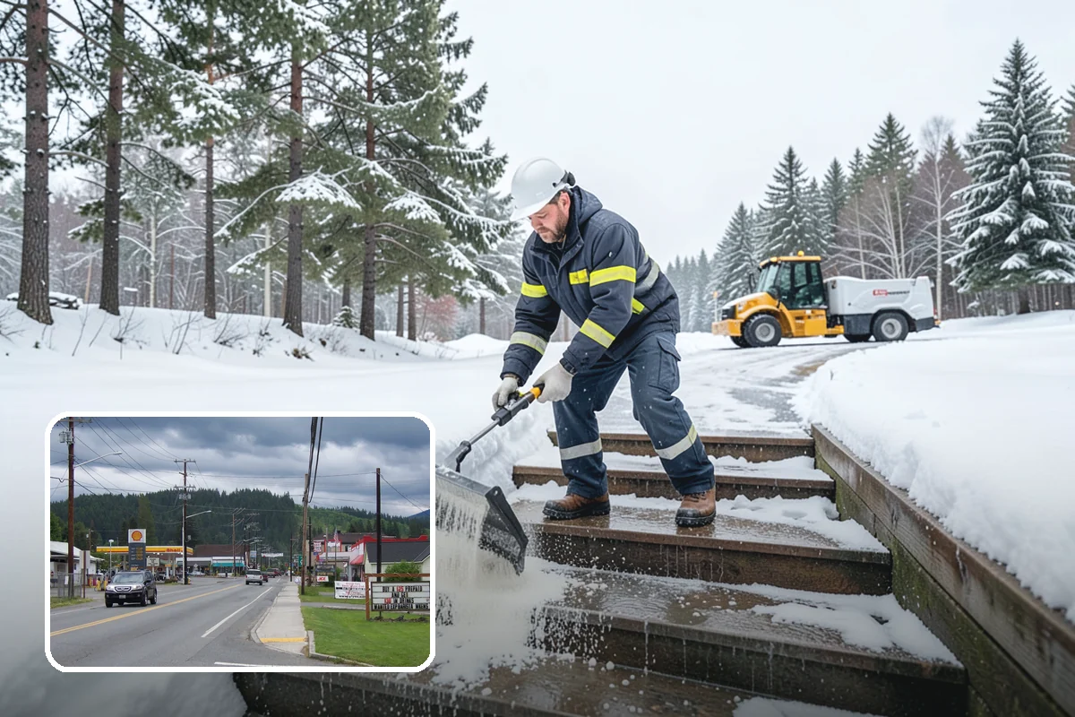 Bank Parking Lot Snow Removal in Granite Falls, Snohomish County, WA - Customer parking and drive-through lanes stay open all day