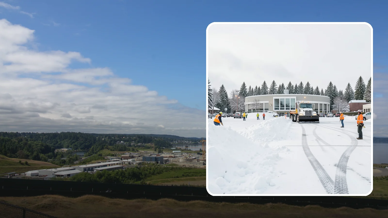 Bank Parking Lot Snow Removal in University Place, Pierce County, WA - We clear bank lots, drive-throughs, and ATM lanes so Western Washington customers bank safely all winter.