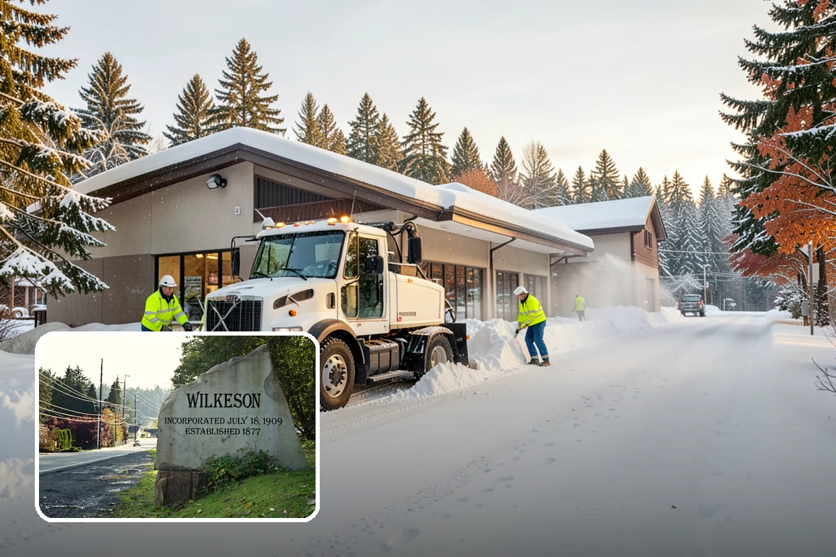 Bank Parking Lot Snow Removal in Wilkeson, Pierce County, WA - Customer parking and drive-through lanes stay open all day