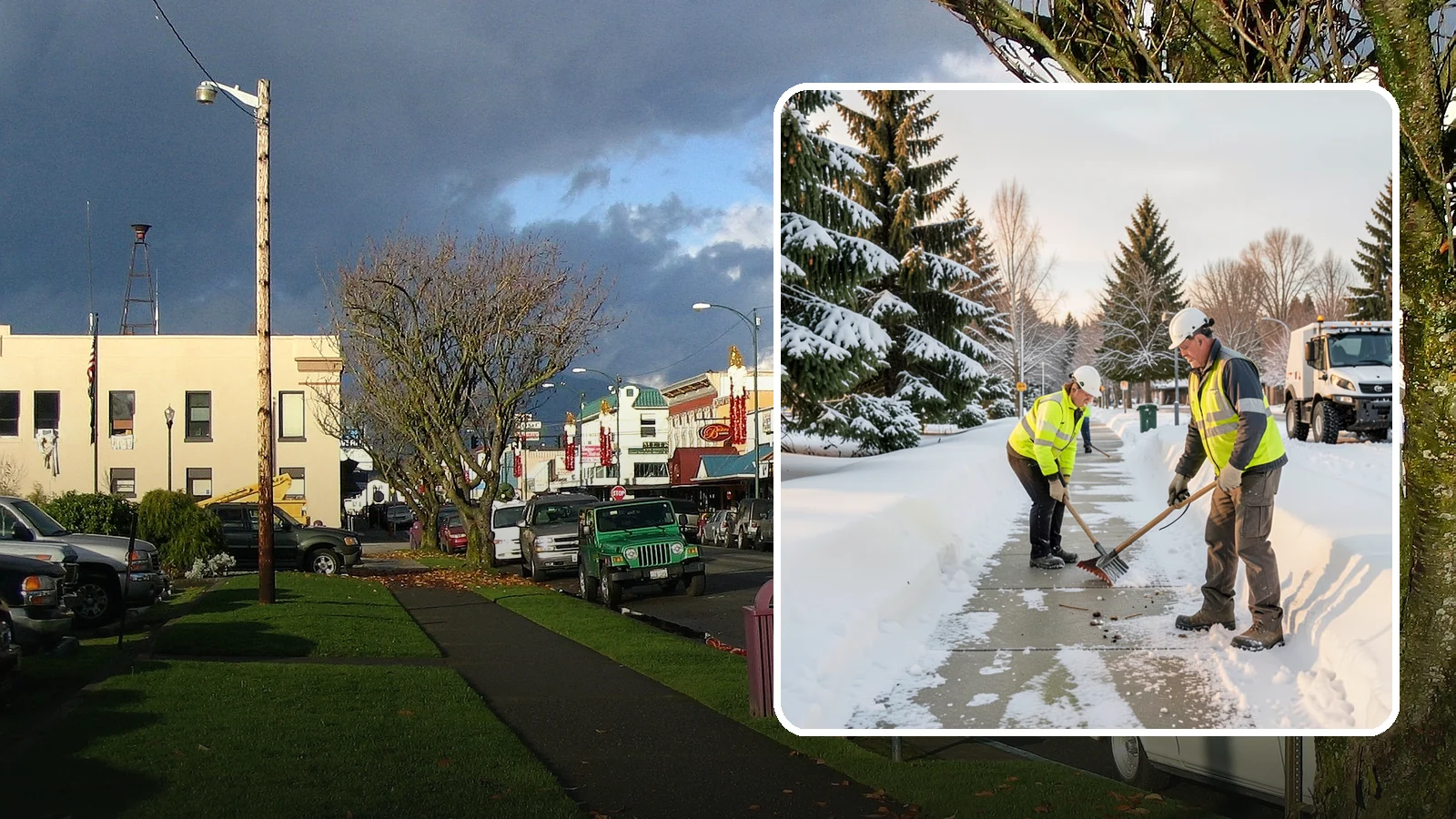 Bank Sidewalk Clearing in Arlington, Snohomish County, WA - Branch-entrance sidewalk clearing for Western Washington banks, keeping lobby approaches and ATM vestibule walks safe for...